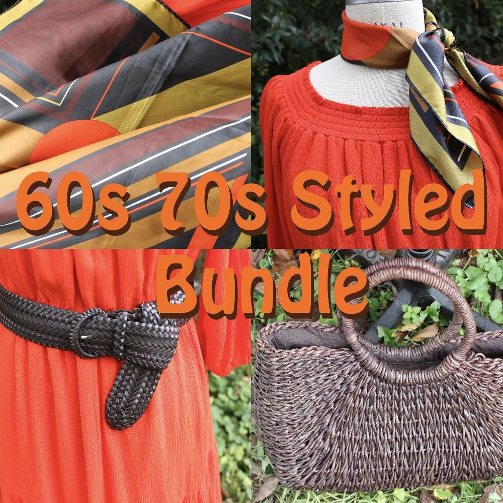 60s 70s Fall Peasant Dress Bundle Medium Straw Bag
